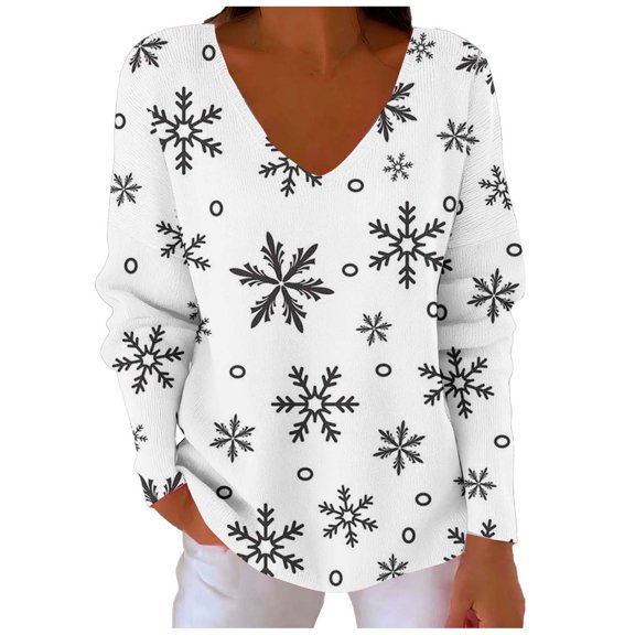 Lorytime Christmas Fall Sweatshirts for Women Snowflakes Print Shirt V Neck Long Sleeve Pullover Loose Tops