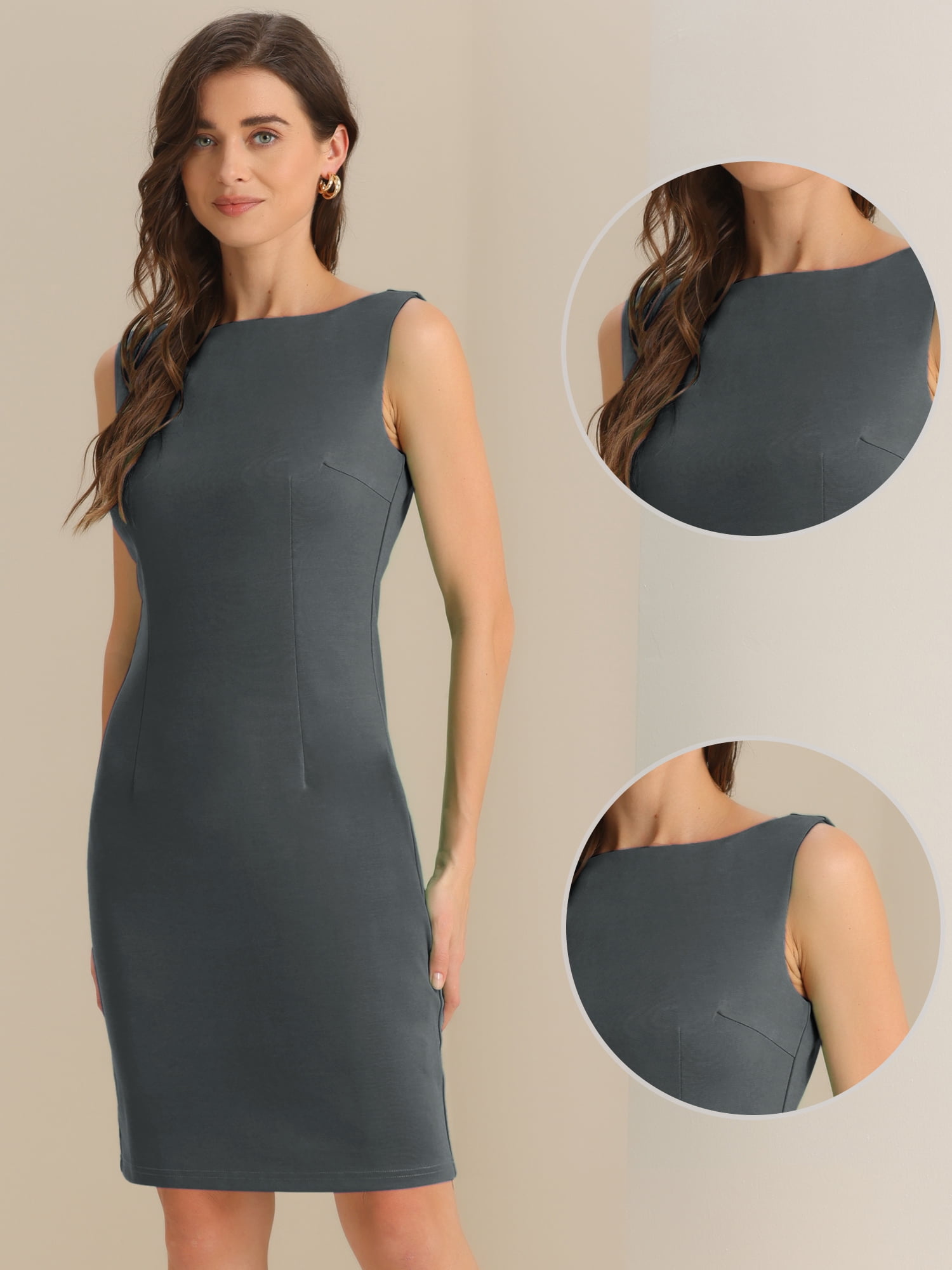 DARING DIVA Women's Soft Boat Neck Casual Office Sleeveless Sheath Dresses S Gray