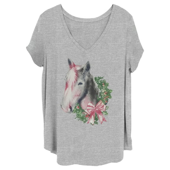 Junior's Lost Gods Christmas Wreath Horse Graphic Tee Heather Gray 2X