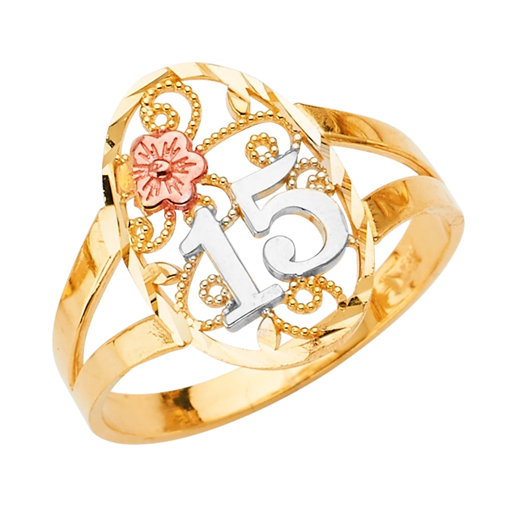 14K Tri-Tone Gold Artisan Sweet QuinceaÃ±era 15-AÃ±os Rose Flower Ring 