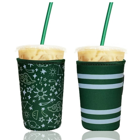 Baxendale and Co 2-Pack Medium (22-24oz) Reusable Neoprene Insulator Sleeve for Iced Coffee or Cold Beverage Cups (Green Wanderlust)