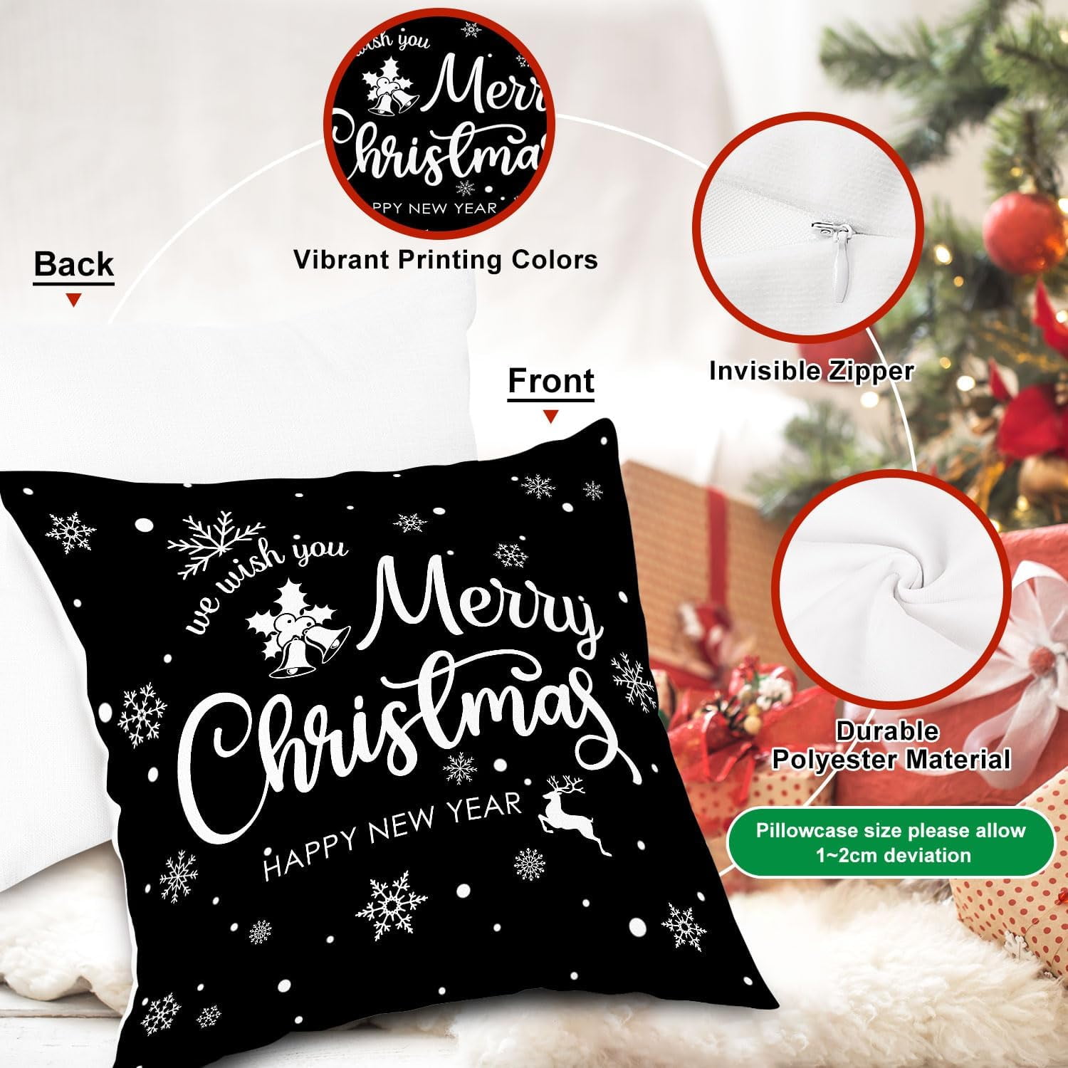 Christmas Throw Pillow Covers 16x16 4 pcs, Black White Merry Christmas Xmas Winter Snowflake Decorative Holiday Cushion Pillow Cases 16 x 16 Indoor Farmhouse Home Room Couch Sofa Decor