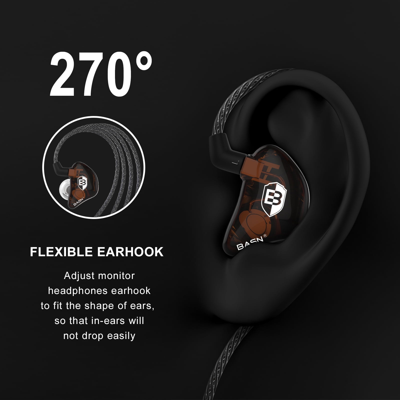 BASN Bsinger PRO In-Ear Monitors Headphones with Hybrid Dynamic Dual Drivers Two Detachable MMCX Cables Musicians IEM Earbuds Earphones(Brown)