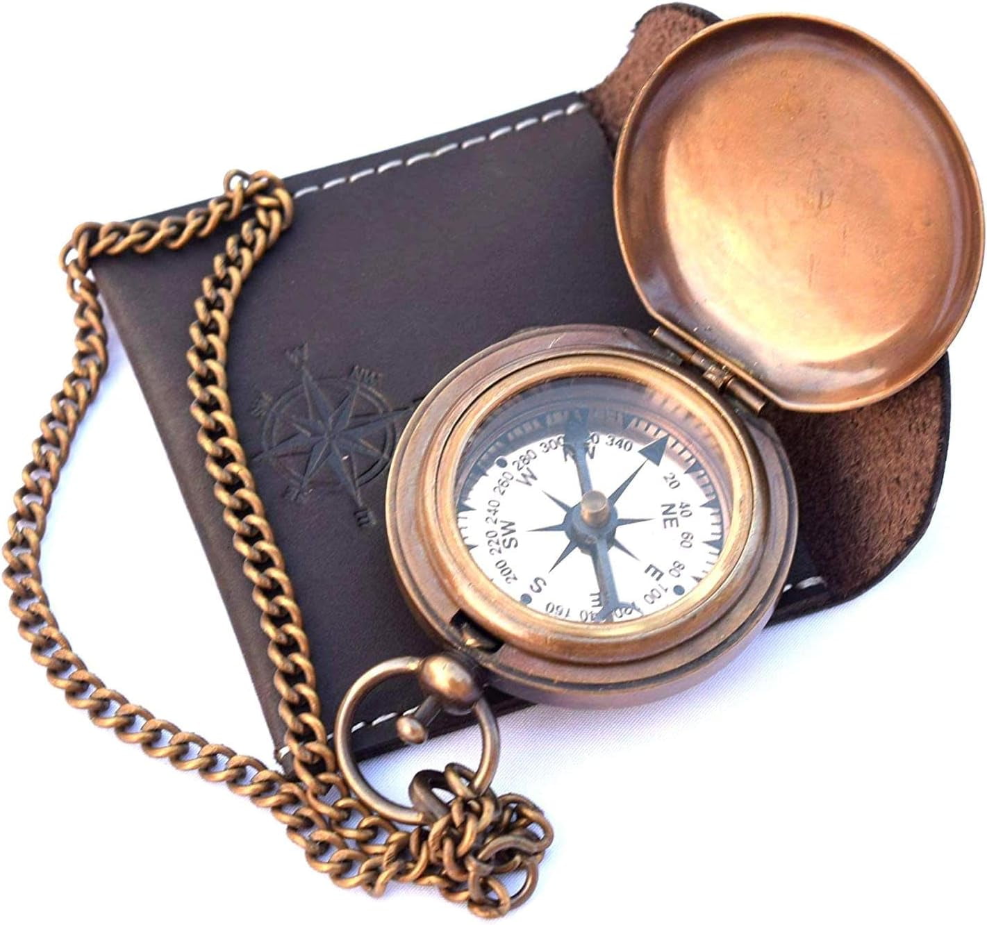 Handmade Nautical Brass Push Open Compass On Chain with Leather Case, Pocket Compass, Gift Compass Rustic Vintage Home décor Gifts