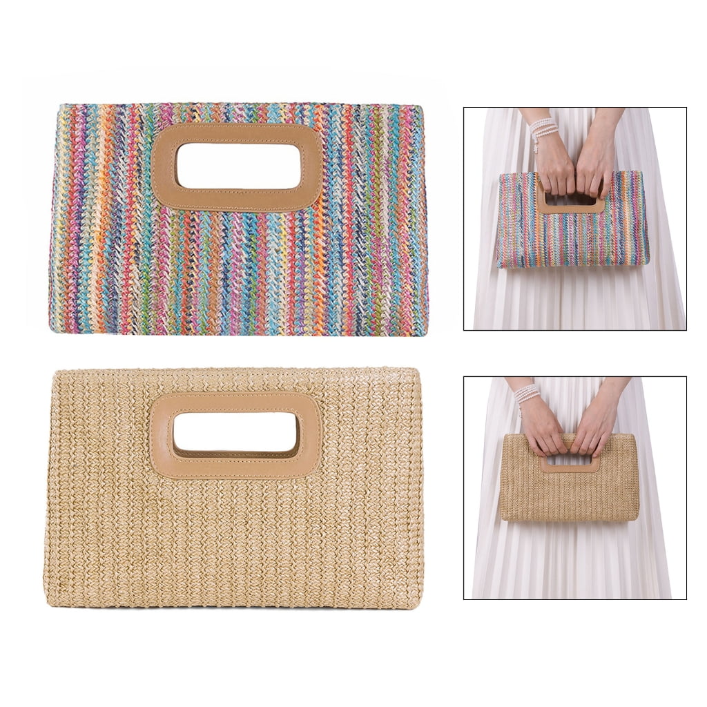 FENOHREFE Straw Clutch Handbag Summer Beach Straw Purse for Women Woven Beach Bag Straw Shoulder Crossbody Bag Evening Handbag