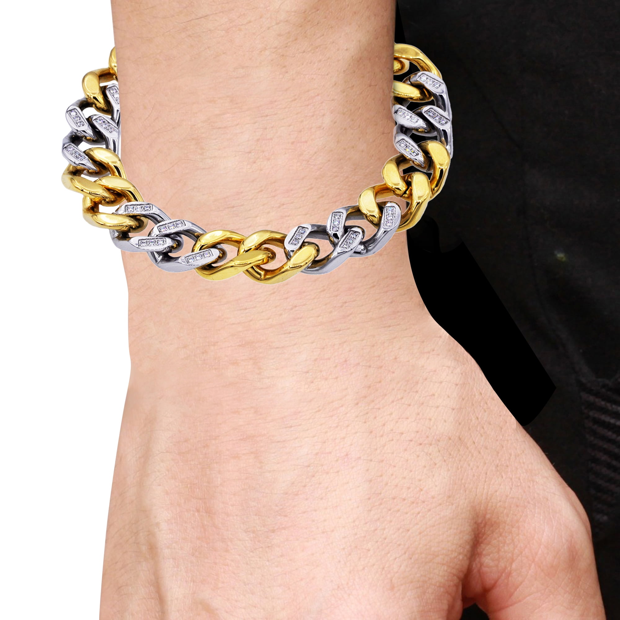 Arista Cubic Zirconia Diamonds Curb Link Chain Men's Bracelet in Gold Plated Stainless Steel, 8.5"