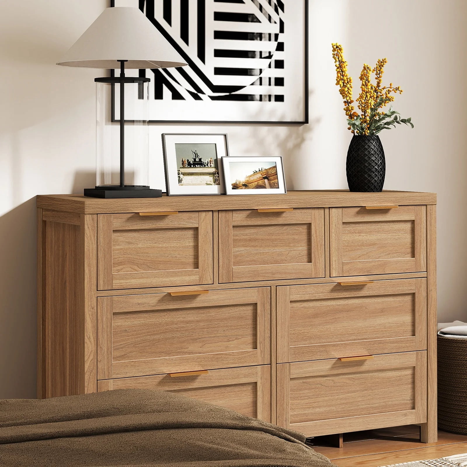 ARKANTOS Wooden 7 Drawer Double Dressers, Wide Chests of Drawers for Bedroom, Natural Oak