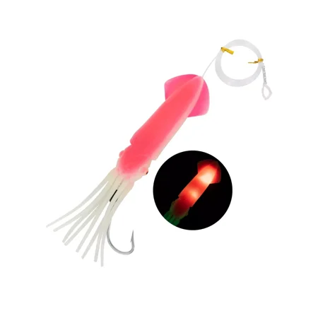 BLUEWING Upgraded Lighted Glow Squid Lure 9in Soft Fishing Trolling Squid Lure Water Activate LED Dual Lights Glow Lure with SS Trolling Hook 300lb Mono Line Deep Drop Light Up to 150h Pink-Red
