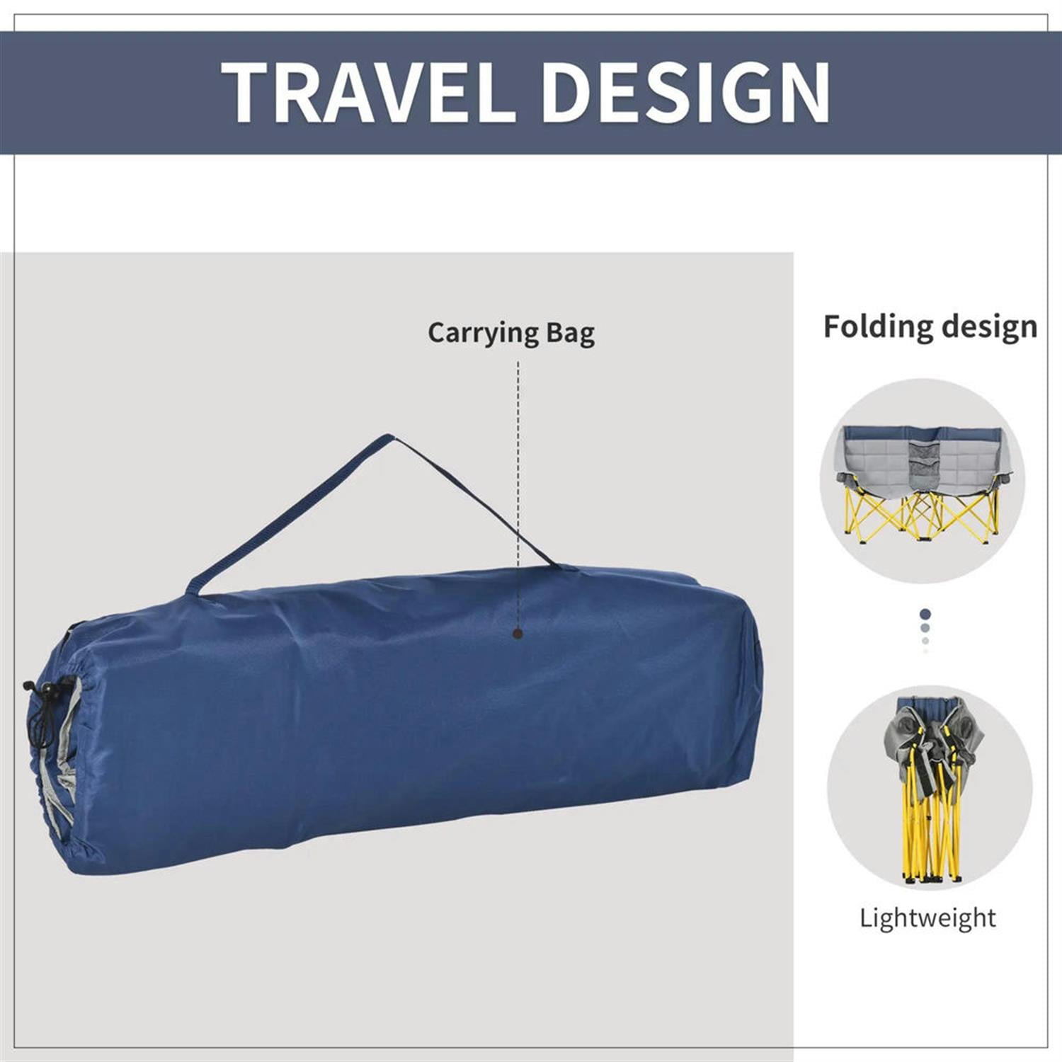 Demi Bonn Outdoor Loveseat Style Portable Folding Chair, Oversized Camping Seat with Bag & Cup Holders for Beach, Picnic, Hiking, Travel, Blue