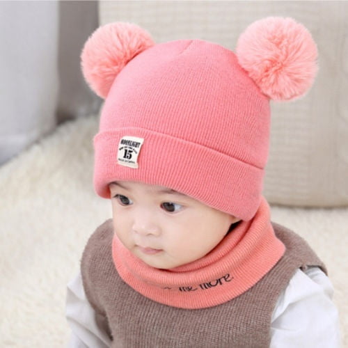 2Pcs Nouveau Ne Bebe Garcon Fille Chapeaux Hiver Chaud Double Pompon Fourrure Tricot Bonnet Ensemble d Echarpe