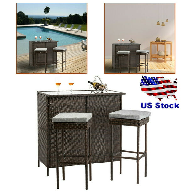 Patio Furniture 3 Pieces Bar Set, 3 Pcs Patio Outdoor Rattan Wicker Bar Table And 2 Stools