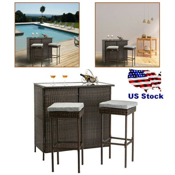 Brand New Patio Furniture 3 Pieces Bar Set Outdoor Wicker Patio Furniture 3 Pieces Bar Set, 3 Pcs Patio Outdoor Rattan Wicker Bar Table And 2 Stools