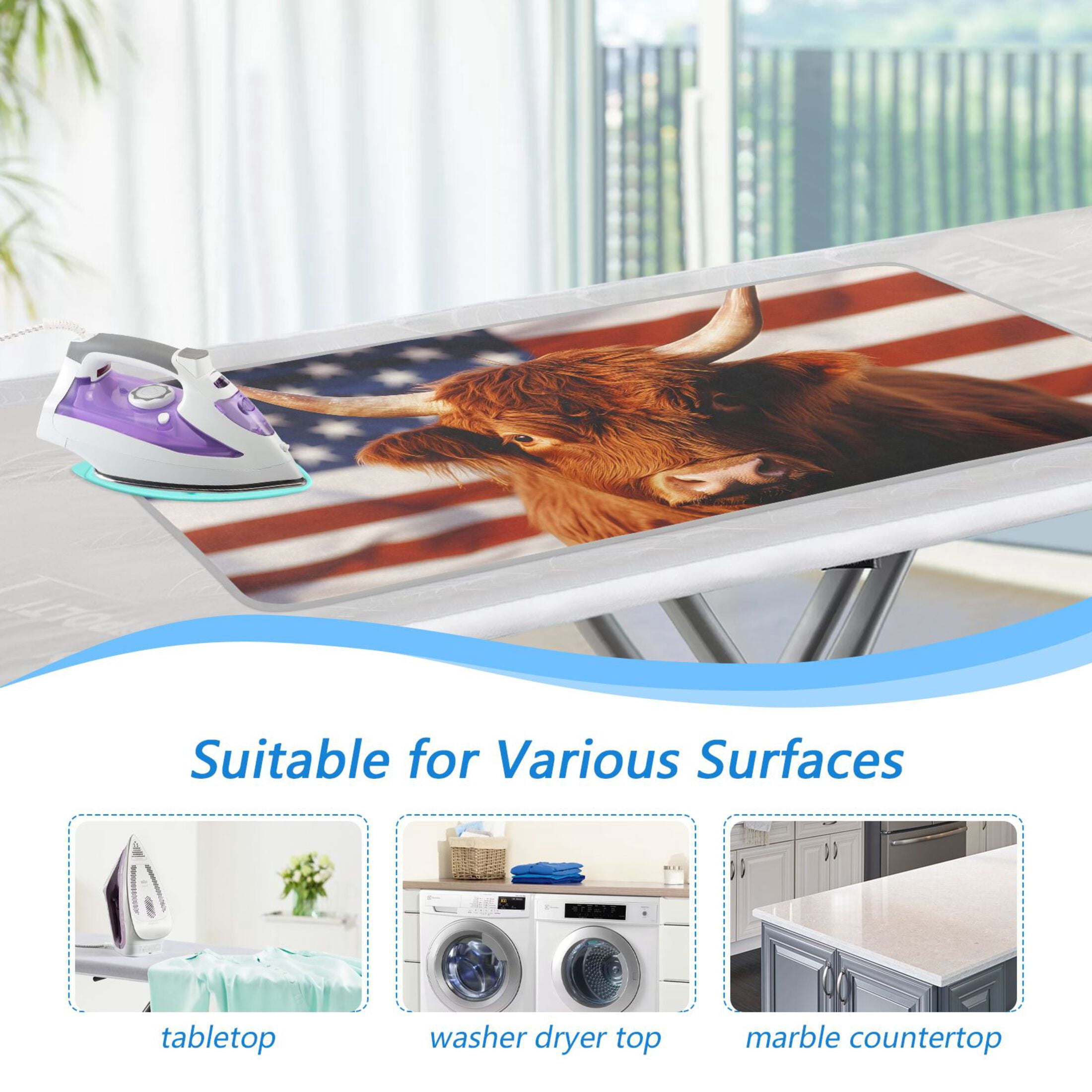 Highland Cow Flag Flowers Ironing Mat Blanket Portable Travel Ironing Pad Heat Resistant Pad 47.2" x 27.6”