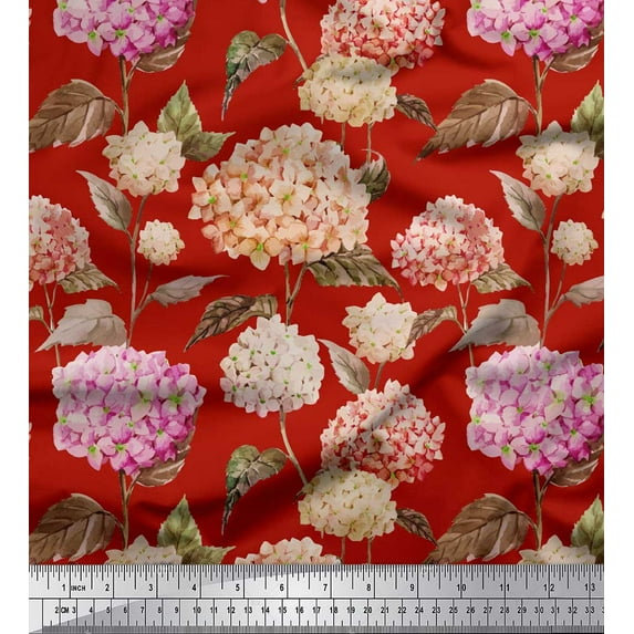 Soimoi Red Silk Fabric Leaves & Madhabilata Floral Decor Fabric Printed Yard 42 Inch Wide