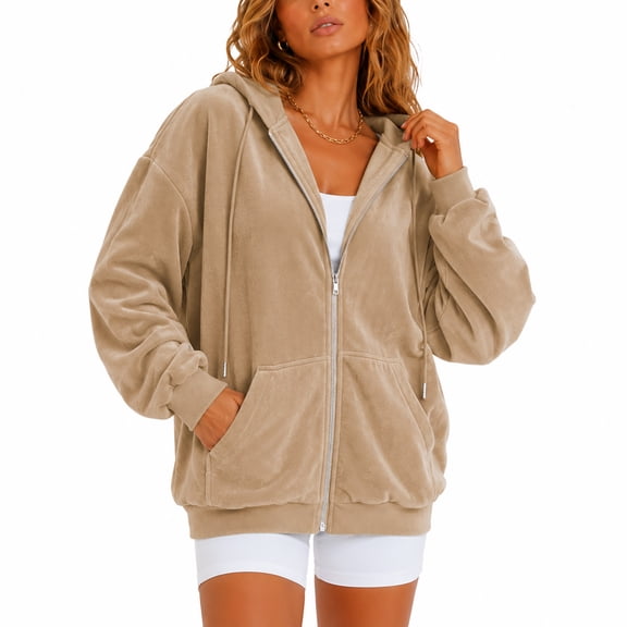 Wrongduck Women's Velvet Hoodie Jacket Lightweight Zip Up Sweatshirt Oversized Casual Hooded Coat with Pockets Spring Fall Outerwear