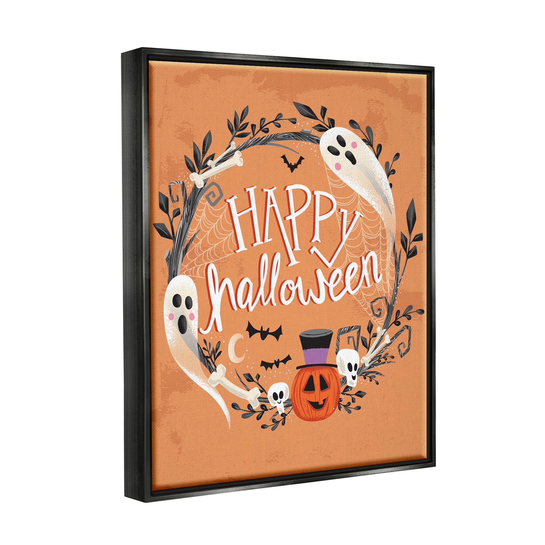 Stupell Industries Happy Haunts Halloween Wreath Graphic Art Jet Black Floating Framed Canvas Print Wall Art, Design by Arrolynn Weiderhold