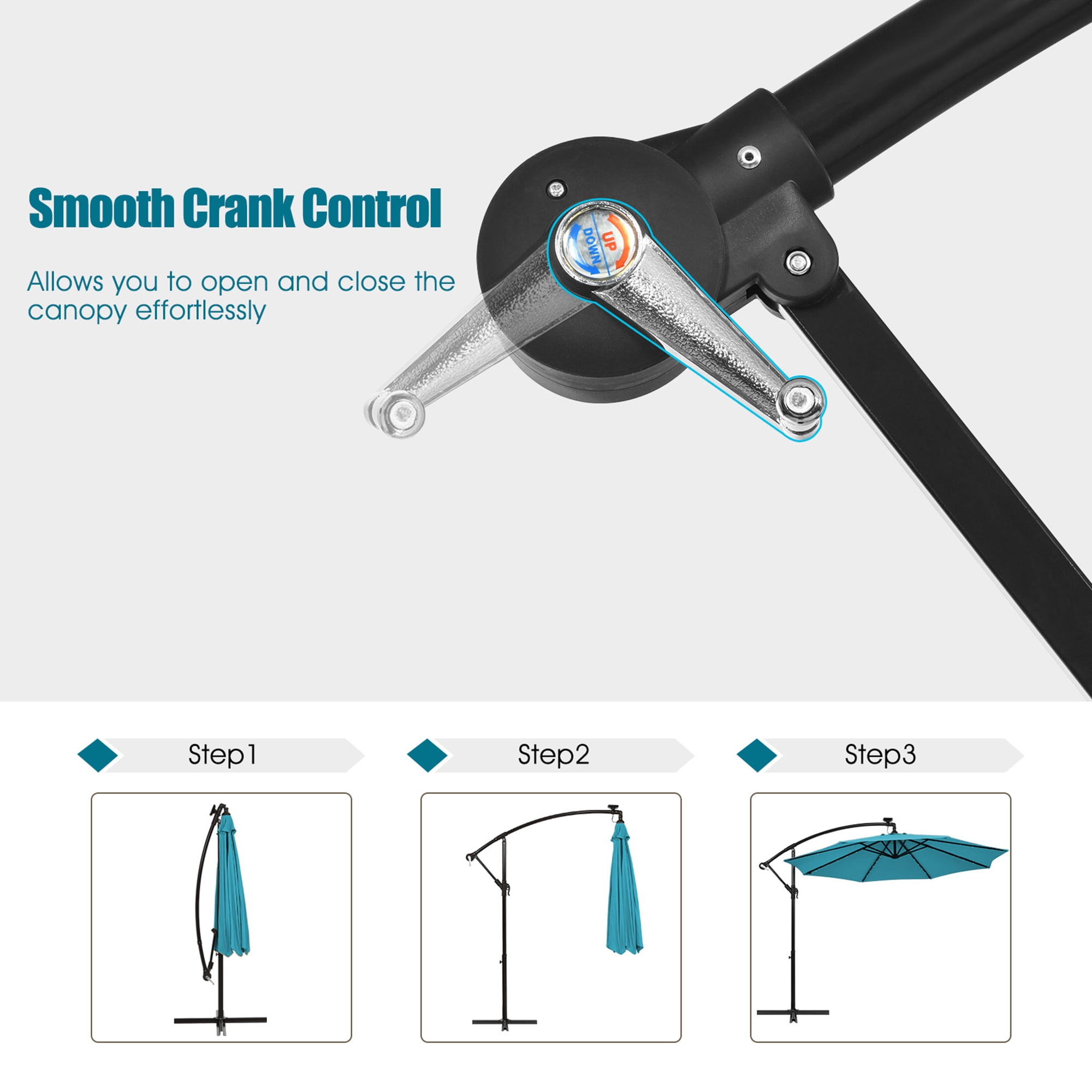 Gymax 10ft Solar Patio Umbrella Outdoor Offset Hanging Umbrella w/ 40 LED Lights Turquoise