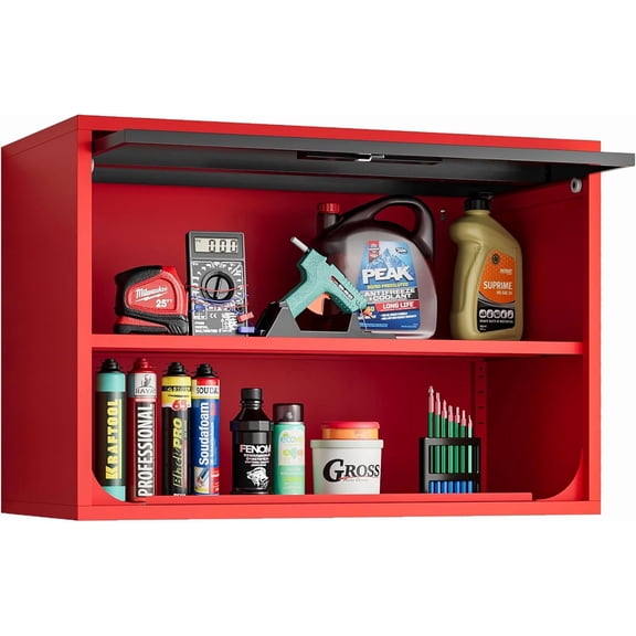 Metal Storage Cabinet Black Red Wall Cabinets with Shelf and Locking Door - Wall Mounted Storage Cabinet for Garage Warehouse Home Office - Assembly Required 15.7"D x 31.5"W x 21.6"H