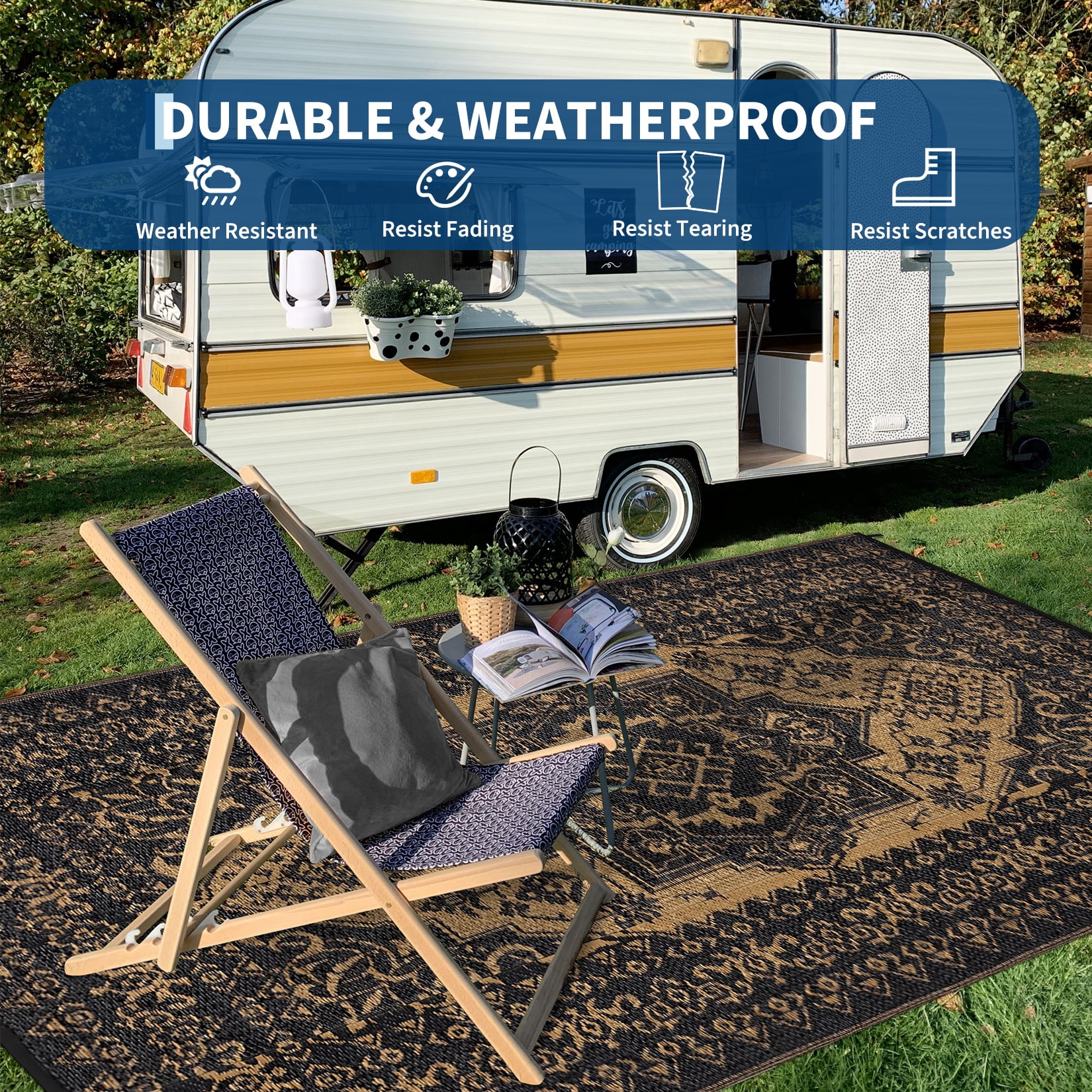 Garvee Outdoor Rug 8'x10' Waterproof Reversible Plastic Straw Rug, Indoor Outdoor Rug for Patio RV Camping Balcony Deck Backyard, Black & Brown