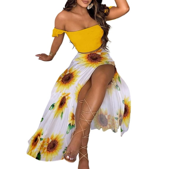 FASHIONWT Women French Boho Beach Midi Dress Suit Vintage Bandeau Strapless Floral Dress