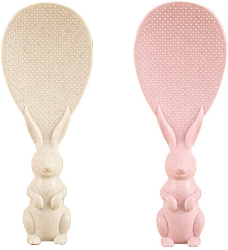 2 Pack Non-Stick Rice Paddle White/Pink Cute Rabbit Shape Standing Rice Spoon Scooper 