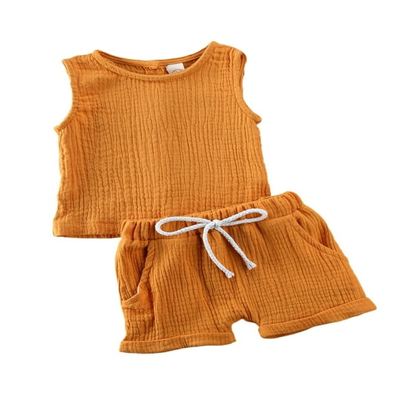 Toddler Baby Boy Girl Cotton Linen Clothes Kids Solid Color Knitted Vest Tops Short Pants Summer Outfits CQH