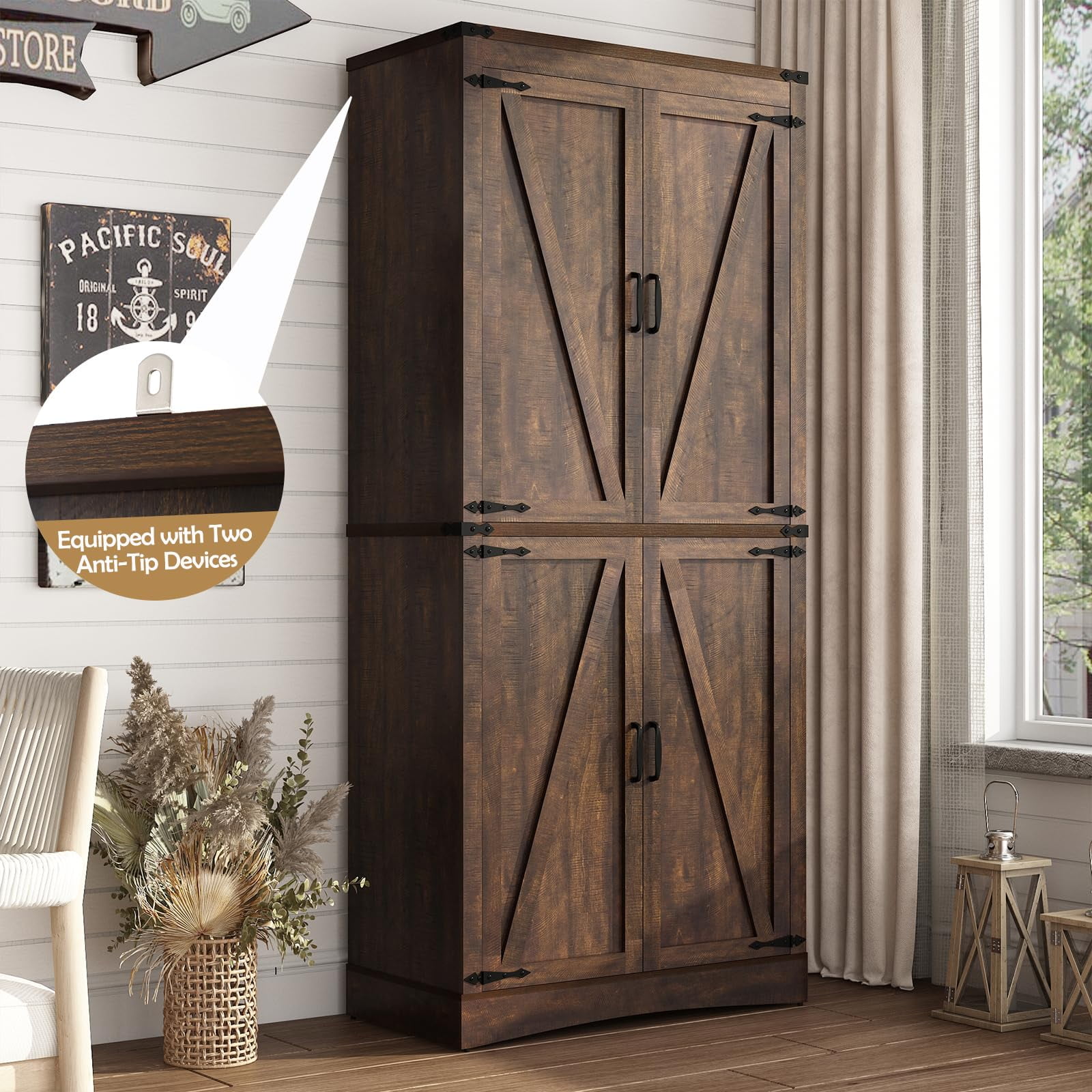 ChVans 71" Tall Farmhouse Kitchen Pantry Storage Cabinet, 5 Layers Freestanding Cupboard with Adjustable Shelves & Load-Bearing Steel Pipe & 4 Barn Doors for Kitchen, Dining Room, Living Room, Brown