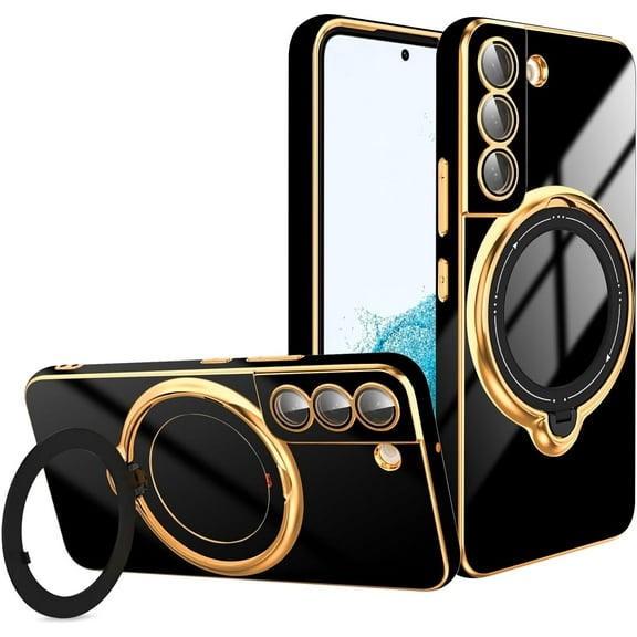 for Samsung Galaxy S22 Case with Magnetic Ring Holder [Compatible with Magsafe] [Built-in Camera Lens Protector] Glitter Electroplated Gold Sides Shockproof Case for Galaxy S22 Black