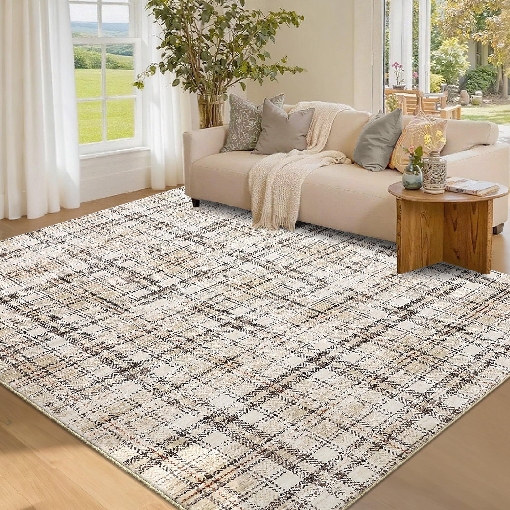 Garvee Washable Rug 6x9 Modern Plaid Area Rug, Non Slip Stain Resistant Rug Geometric Carpet for Living Room Bedroom Home Office, Beige
