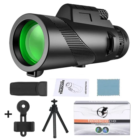 80X100 HD Astronomic Pofessional Monocular Telescope Long Range Zoom with Tripod Phone Clip for Outdoor Hunting Camping Tourism (Black with Tripod)