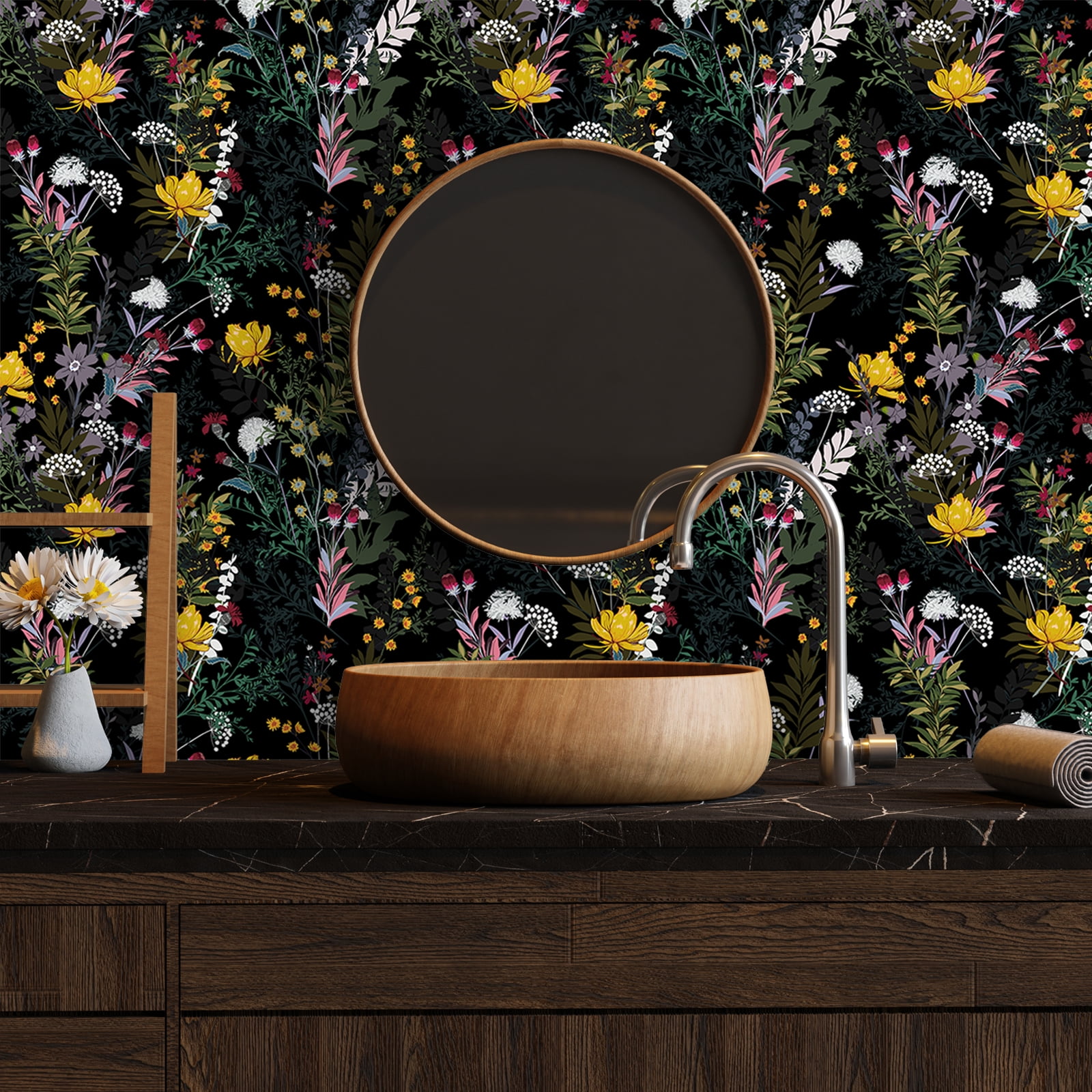 VEELIKE Dark Meadow Flowers Floral Peel and Stick Wallpaper Vintage Floral Wallpaper Mural Prepasted Removable Wallpaper 17.7''x354'' Vinyl Contact Paper Decorative for Bathroom Walls Cabinets Shelves