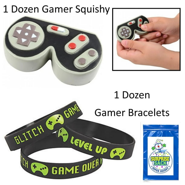12 Game Controller Squishy Stress Toys & 12 Gamer Bracelets Video