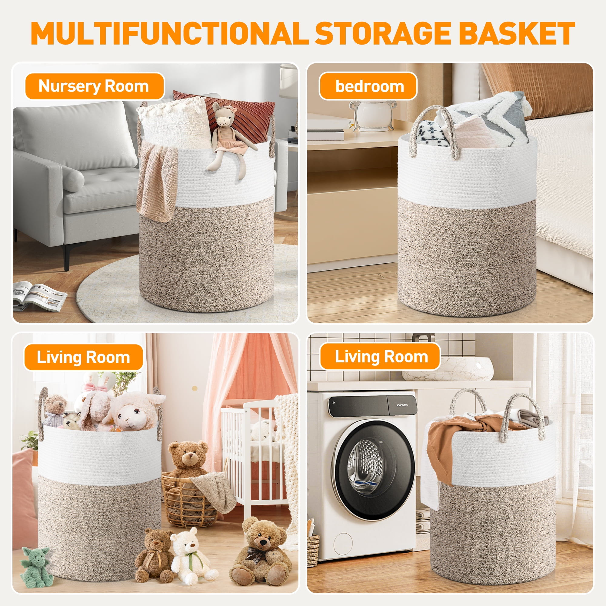 Large Cotton Rope Basket, 15"x15"x20"(58L) Woven Baby Laundry Blanket Basket, Toy Basket with Handle, Laundry Hamper for Storage, Blanket Basket for Living Room, Laundry, Nursery(Brown&White)