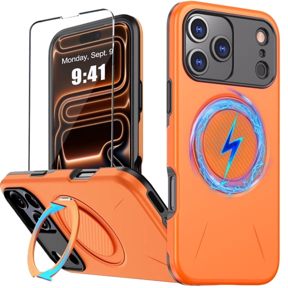 Watefull Case for iPhone 17 Pro Max Compatible with MagSafe with 360°Rotating Magnetic Stand Ring, Protective Glossy Dual Layer Slim Case with 1 Screen Protector for iPhone 17 Pro Max 6.9"(Orange)