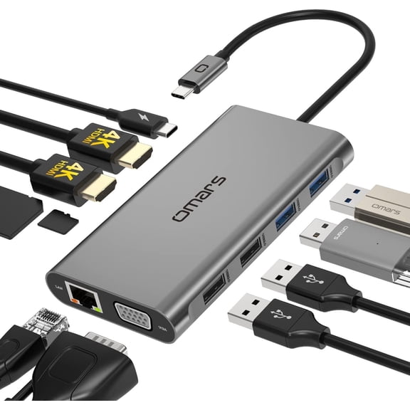 Omars 11-in-1 USB-C Docking Station, Dual HDMI 4K, VGA, 100W PD Adapter