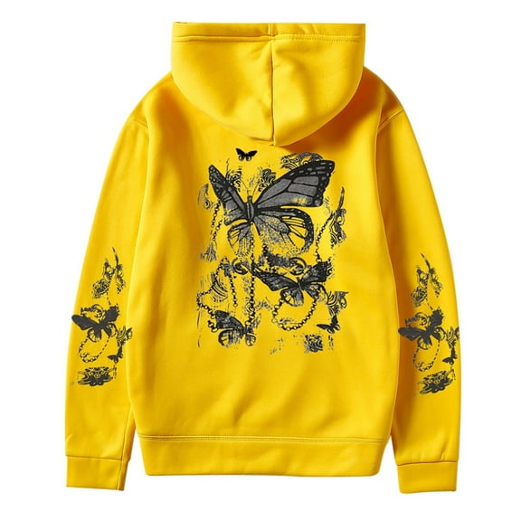 Womens Sweater Casual Butterfly Print Oversized Drop Shoulder Long Sleeve Hooded Fall Outwear,Yellow,XL
