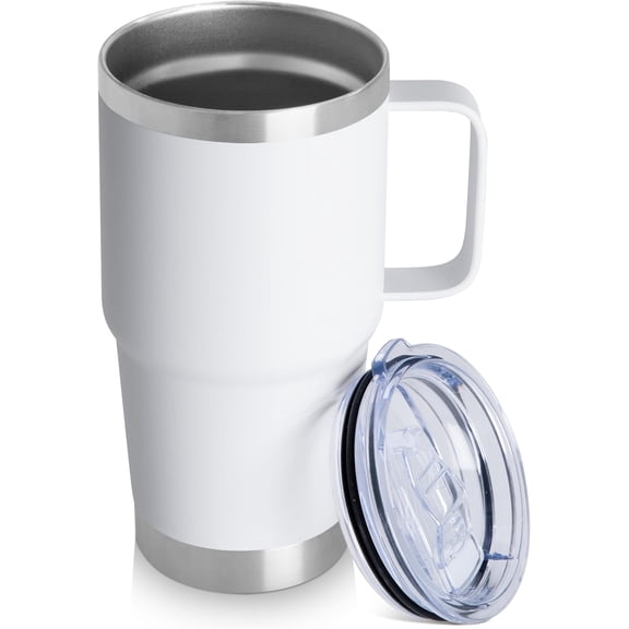 20oz Tumbler with Handle & Lid, Insulated Stainless Steel Travel Mug, Leakproof Cup for Coffee & , Double-Wall Vacuum Tumblers for Hot/Cold Drinks, Commuter, Gym, Office, White 1 Pack