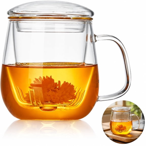 Glass Tea Cup with Infuser and Lid, 16.9oz 500ml Borosilicate Glass Teacup for Loose Leaf & Blooming Tea, Microwave Dishwasher Safe Tea Maker Mug Gift