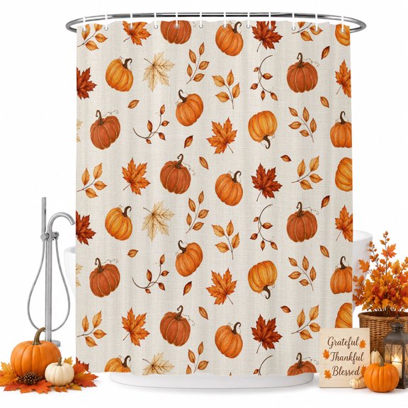 Shower Curtains for Bathroom-36"x72",Thanksgiving Pumpkin Maple Leaf Seamless Waterproof Bath Curtain Grommet Shower Curtain Set with Hooks,