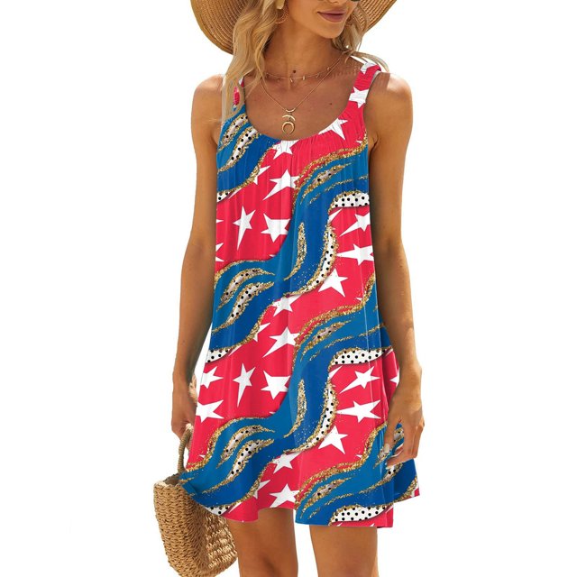 WILLBEST Robe avec S Femmes Robe d'Été de Plage Sans Manches Imprimée Décontractée Bord de Mer Mini Robe