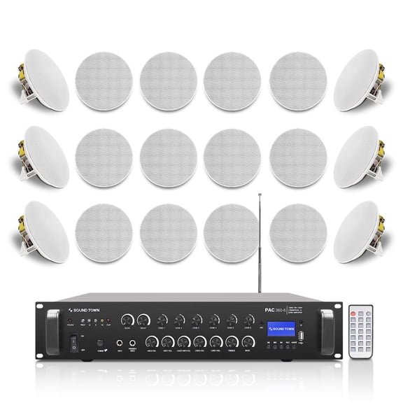 Sound Town Commercial Restaurant Bluetooth Amplifier   in-Ceiling Speaker Set, with One 6-Zone 70V/100V Amplifier with Bluetooth, 18 x Two-Way 6.5-Inch in-Ceiling Speakers, White (PAC360X18CS6N)