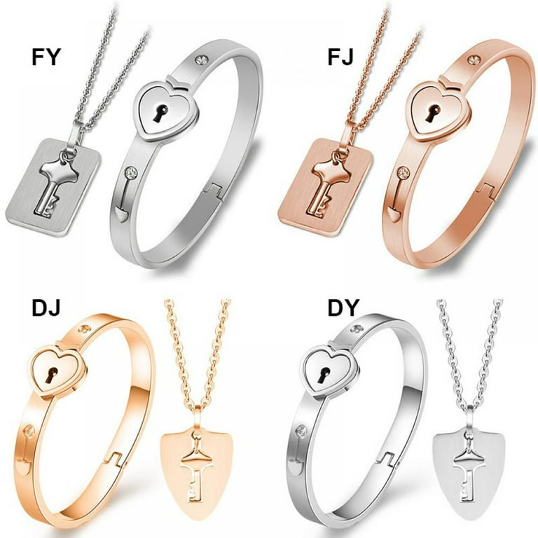 Heart Lock Bracelet and Key Necklace Set, Titanium and Stainless Steel  Concentric Lock Couple Necklace & Bracelet for His & Hers Love Heart Key  Lock Jewelry Matching 