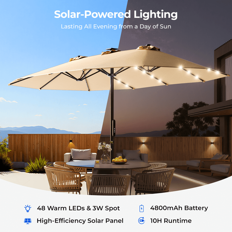 electric poweed patio umbrella 15ft Smart Electric Patio Umbrella, Large Double Sided Rectangular Outdoor  Patio Umbrella with Light and Base for Lawn, Garden, Backyard,Beige