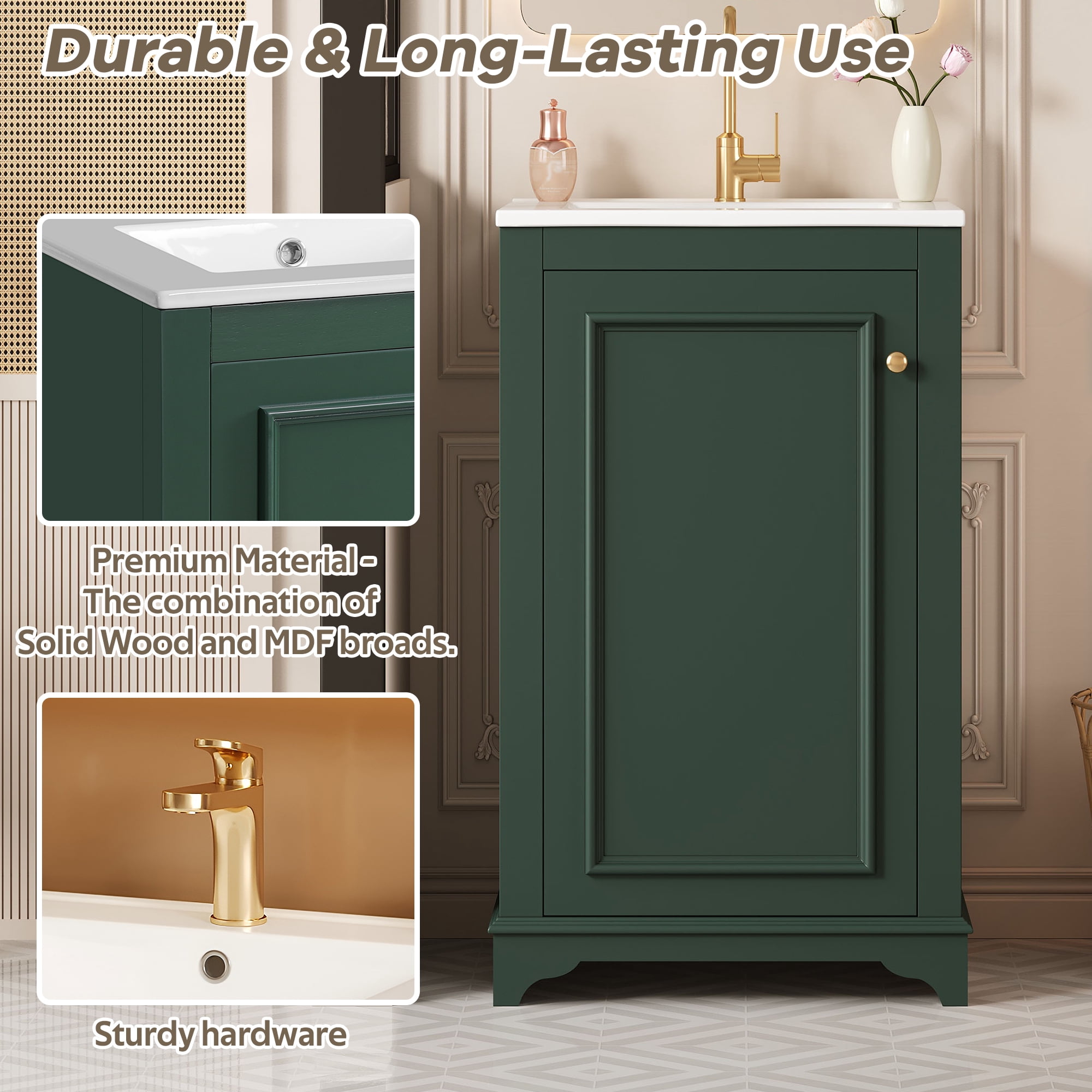 Euroco 20-inch Bathroom Vanity with Ceramic Sink, Freetanding Single Vanity Set with Soft Closing Door, adjustable shelf, Modern Style, Green.
