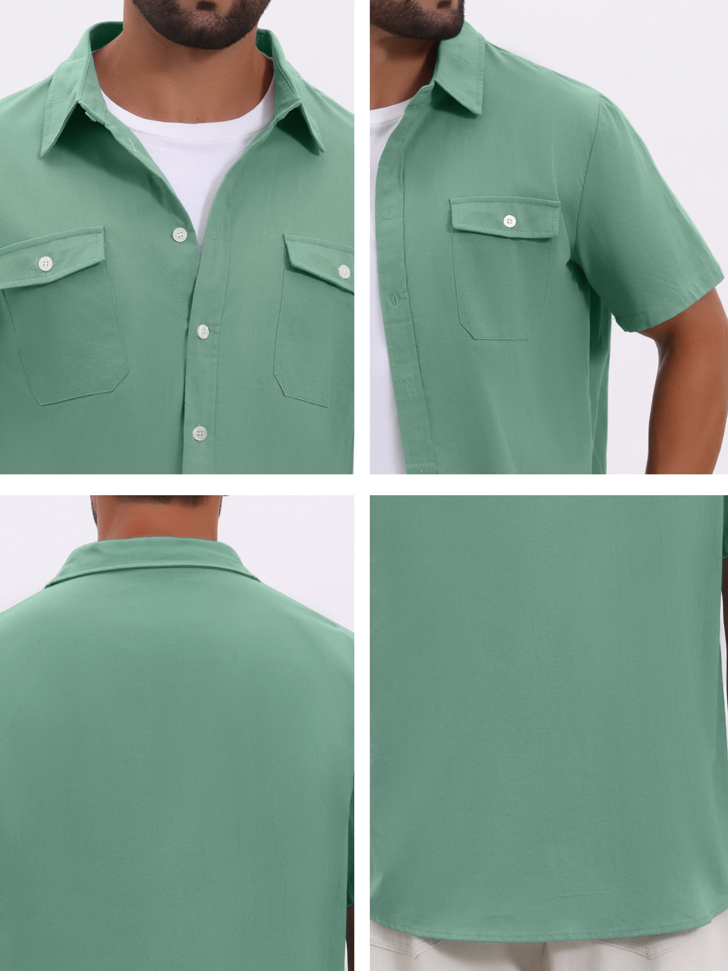 DARING DIVA Men's Linen Chest Pockets Short Sleeves Button Down  Shirt 2XL Green