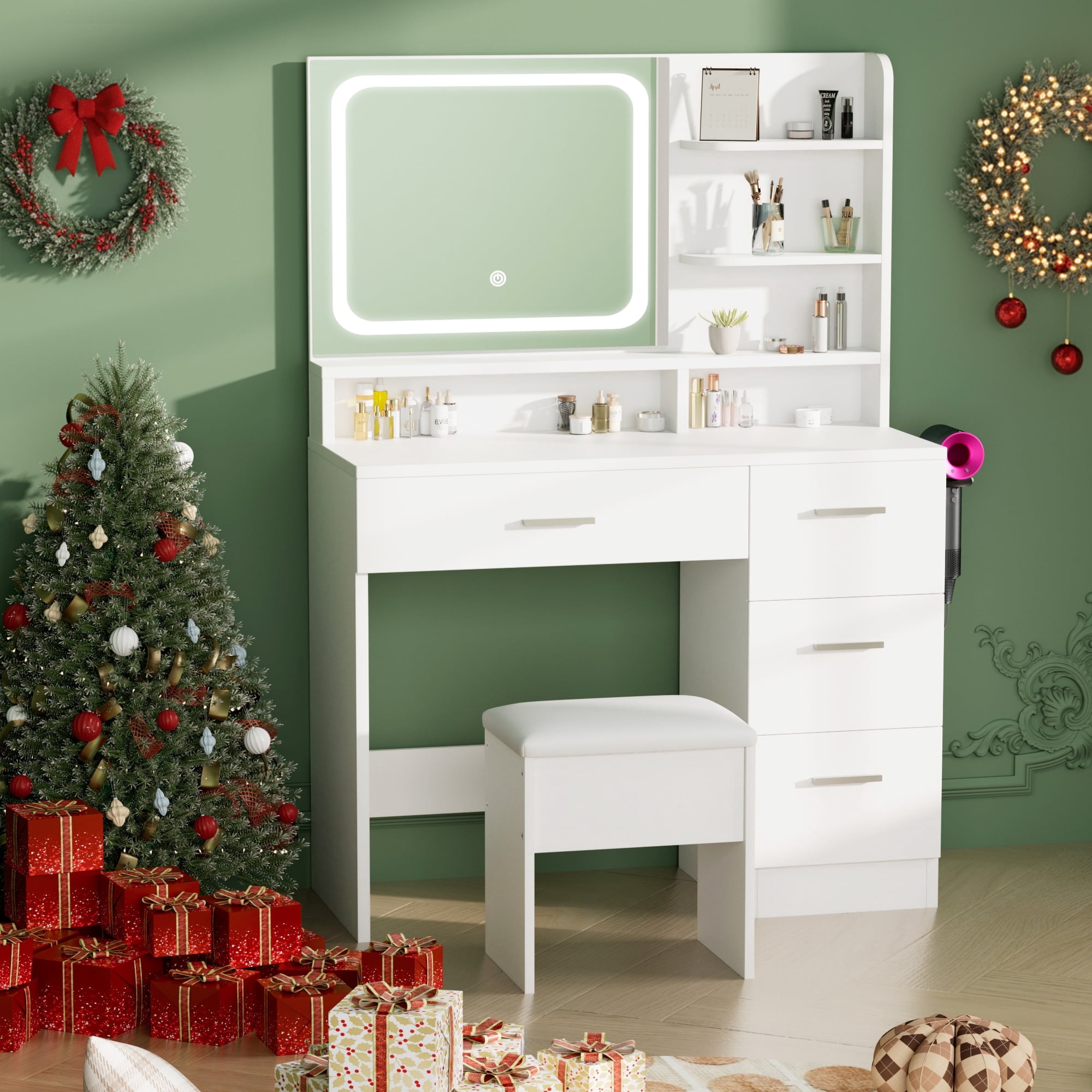 LIVELYGLOW Vanity Set with Stool,Smart LED Mirror Makeup Vanity Set with Power Outlet,Vanity Dressing Table for Bedroom,White