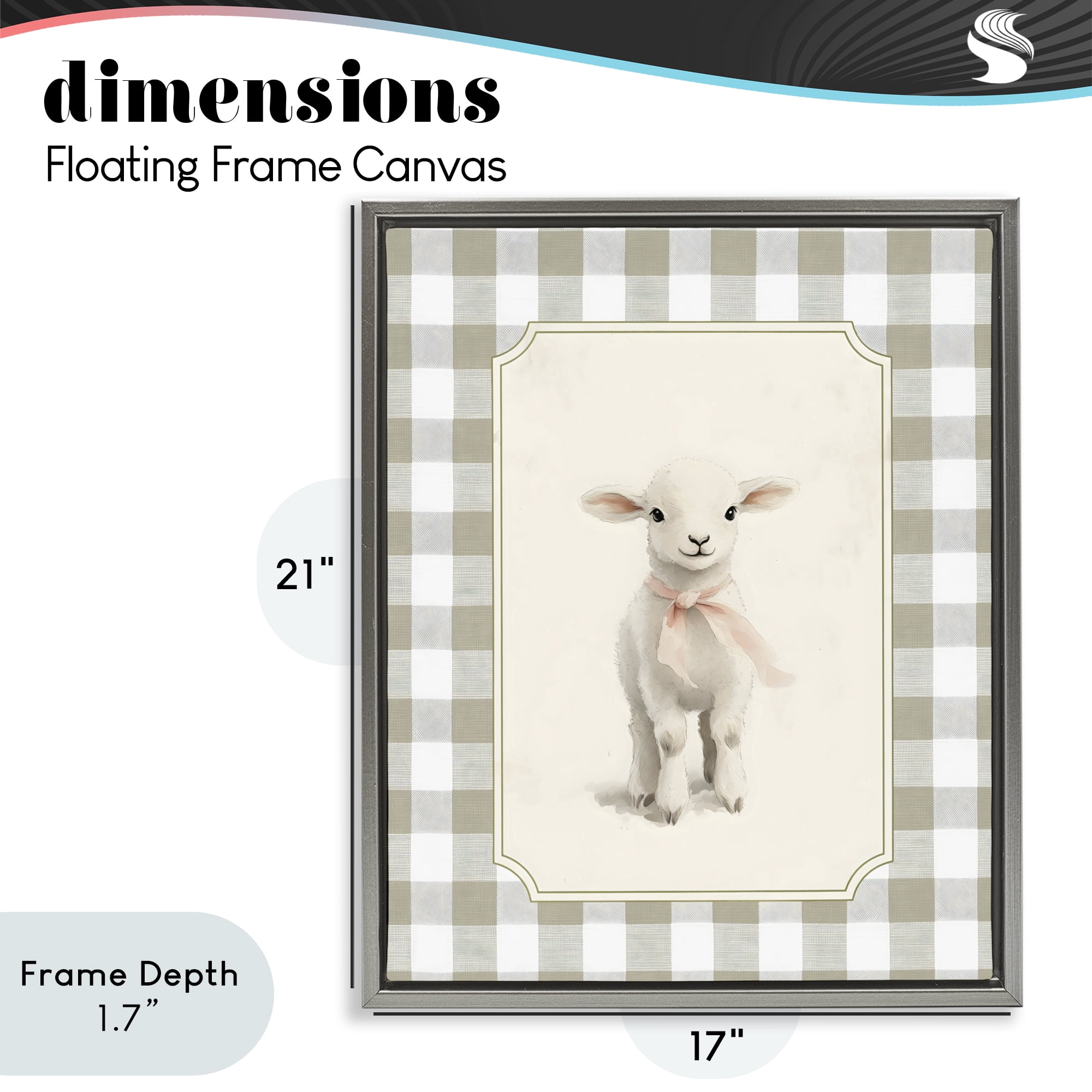 Stupell Industries Gingham Lamb with Pink Ribbon Gray Framed Floater Canvas Wall Art, design by Arlington Prints