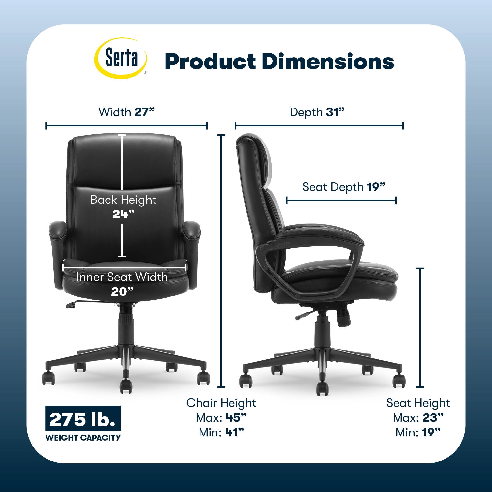 Serta Comfort Ergo Executive Office Chair, Ergonomic Mid-Back Design with Lumbar Support, Bonded Leather, Black