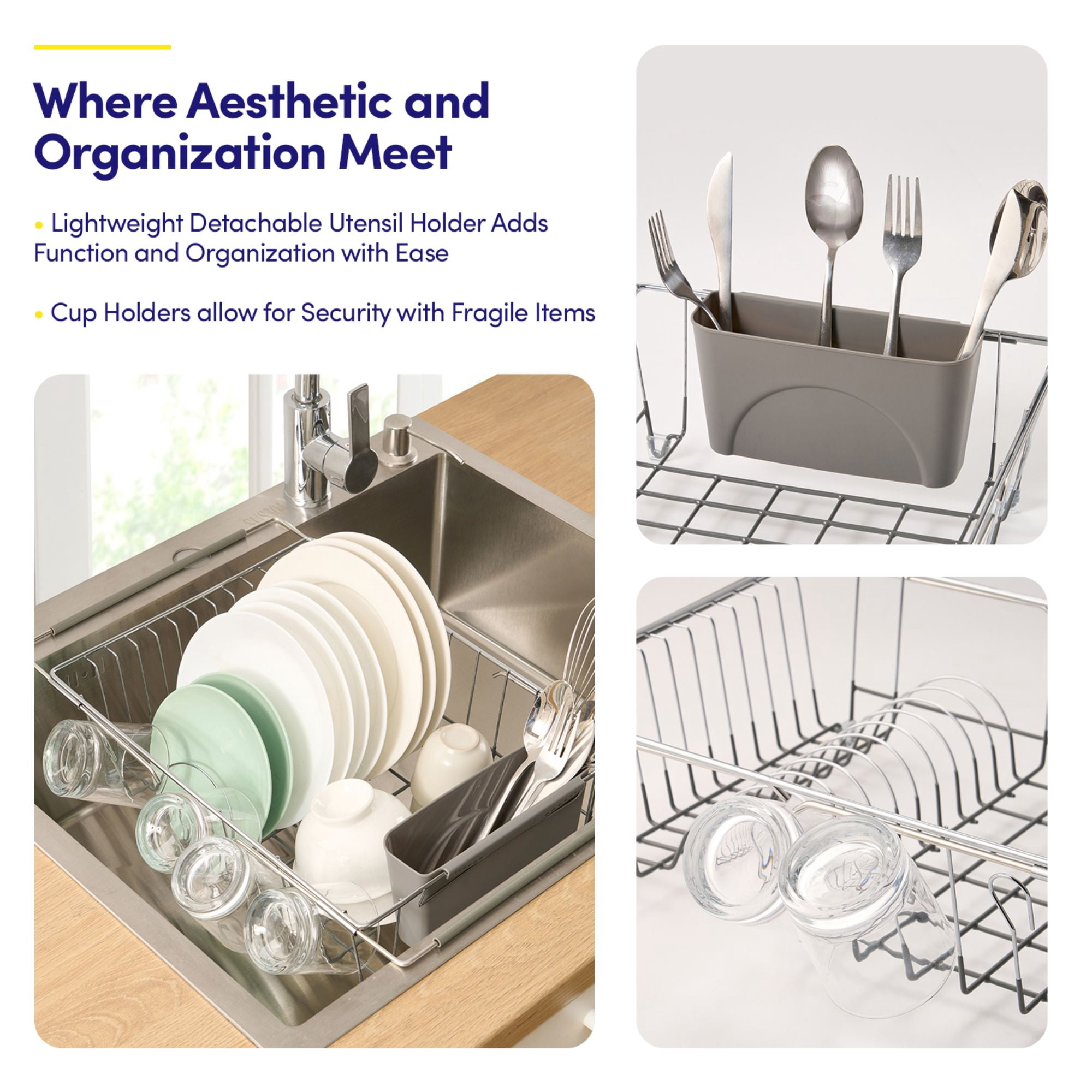 Expandable 2-Piece Over the Sink Space Saving Dish Drying Rack with Utensil Holder, Grey