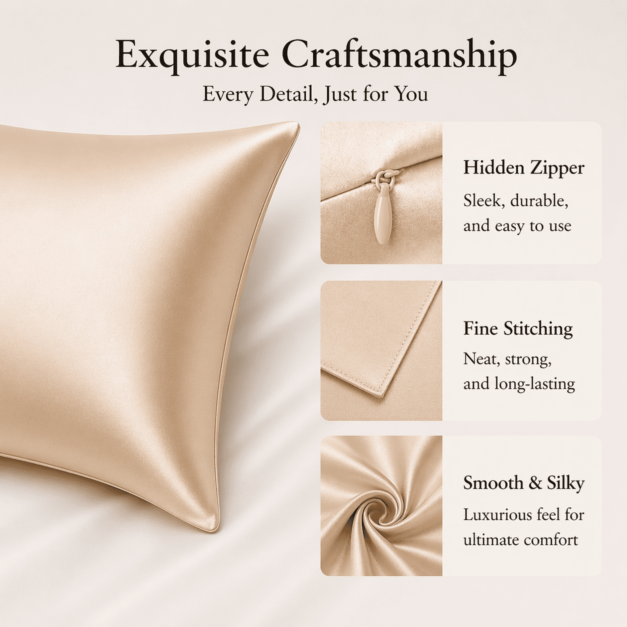 Beige Silk Pillow Cases Queen, 100% Mulberry Silk Pillowcase for Hair and Skin Made in USA, 22 Momme Silk Pillow Cover with Zipper, Anti Acne, Soft, 1 Pack 20"x30"